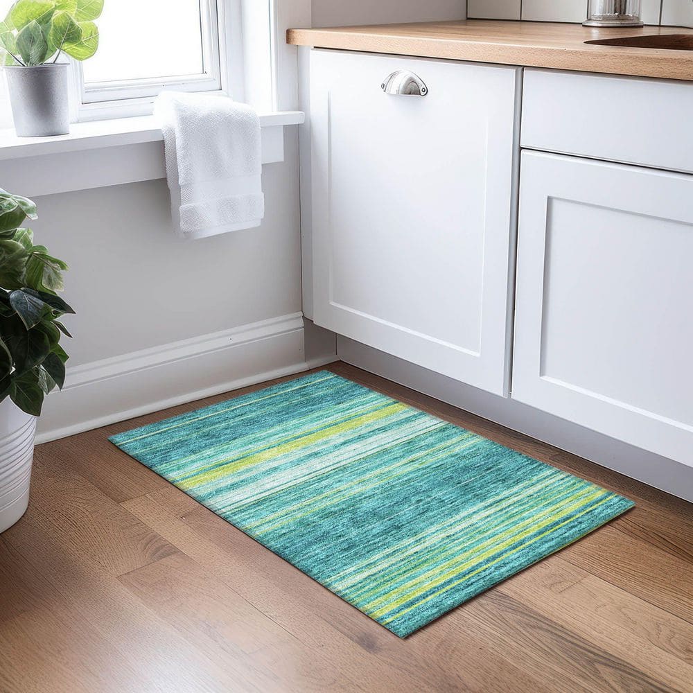 Teal Stripe Synthetic Flat Woven 10' x 14' Washable Rug