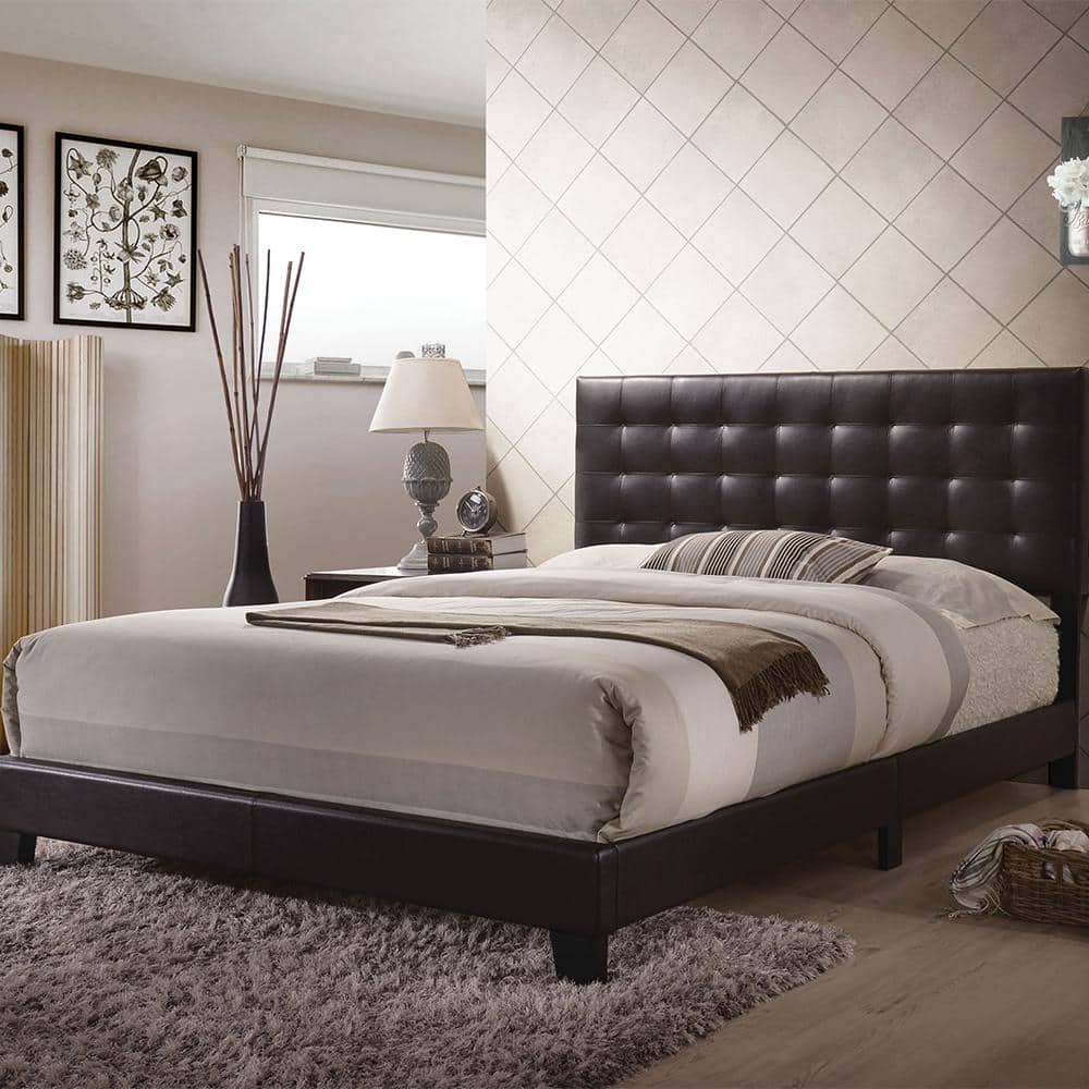 Espresso Faux Leather Tufted Queen Bed with Wood Frame