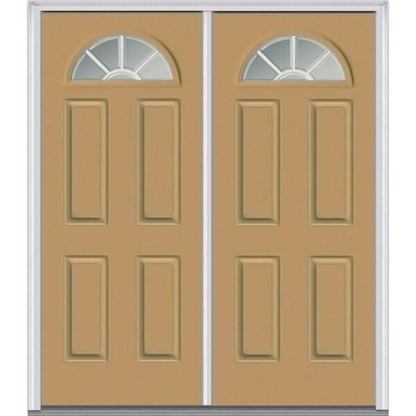 MMI Door 60 in. x 80 in. White Internal Grilles Left-Hand Inswing Fan Lite Clear Painted Fiberglass Smooth Prehung Front Door