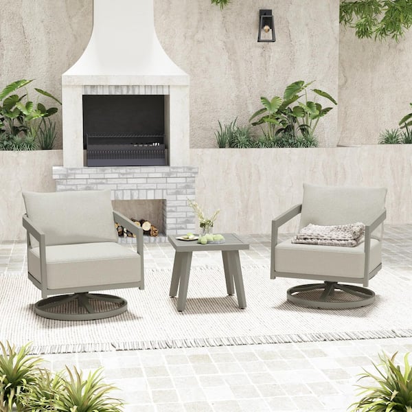 EGEIROSLIFE NovaRest 3-Piece Aluminum Patio Conversation Set with Swivel Chairs and Gray Cushions