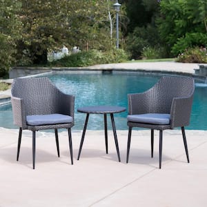 Iona Mixed Black 3-Piece Faux Rattan Patio Conversation Set with Grey Cushions