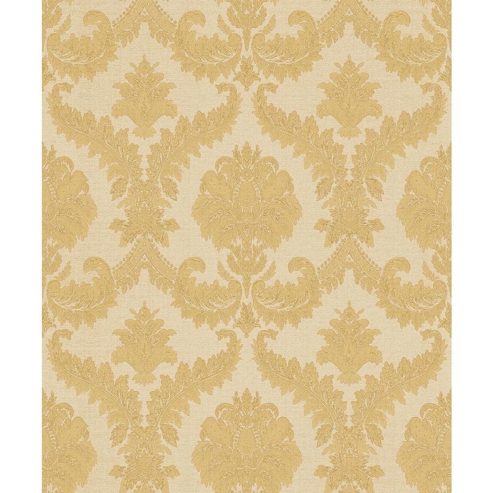 Feathered Damask Yellow/Cream Metallic Finish Vinyl on Non-woven Non-Pasted