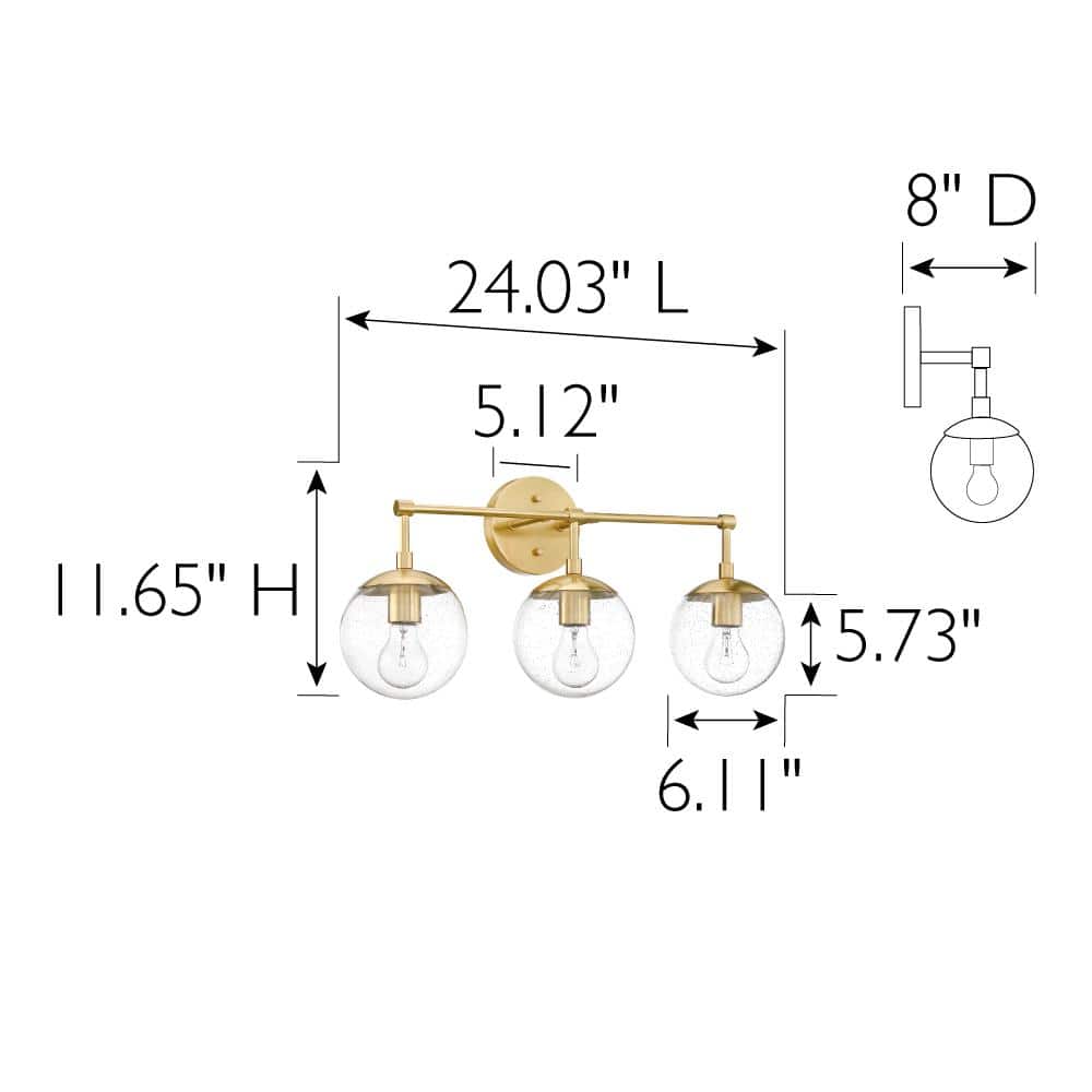 Gracelyn 24" Satin Gold 3-Light Vanity with Seedy Glass Globe Shades