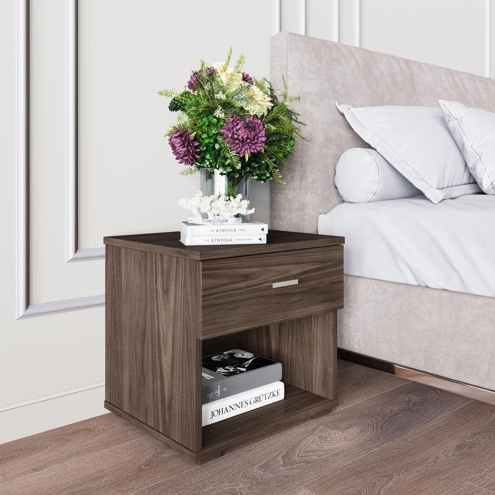 Novara 1-Drawer Modern Nightstand with Storage Cubby, Walnut