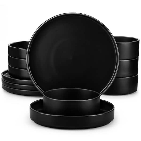 12-Piece Matte Black Stoneware Dinnerware Set Service for 4-Bowls and Plates Set Round Tableware Set