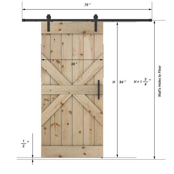 Dessliy Mid X Series 38 in. x 84 in. Fully Set Up Unfinished Pine Wood Sliding Barn Door With Hardware Kit