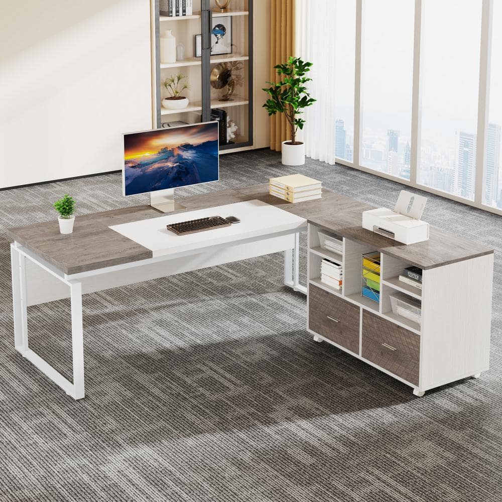 Tribesigns 63" Gray and White L-Shaped Executive Desk with Reversible File Cabinet