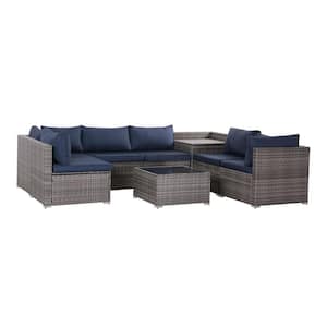 Gray 8-Piece Wicker Outdoor Patio Conversation Set with Navy Blue Cushions, Storage Box and Glass Coffee Table