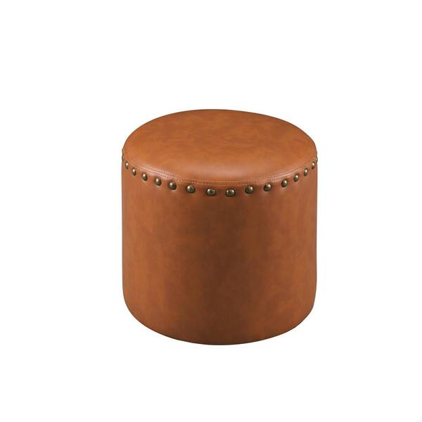 Kings Brand Furniture Brown Nailhead Trim Faux Leather Round Ottoman