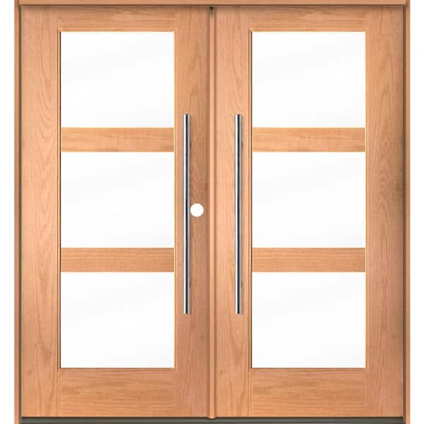 Krosswood Doors Modern Faux Pivot 72 in. x 80 in. Left-Active/Inswing 3-Lite Clear Glass Teak Stain Double Fiberglass Prehung Front Door