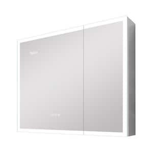 36 in. W x 30 in. H Silver Aluminum Surface Mount LED Bi-View Medicine Cabinet with Mirror Time Display and Outlet