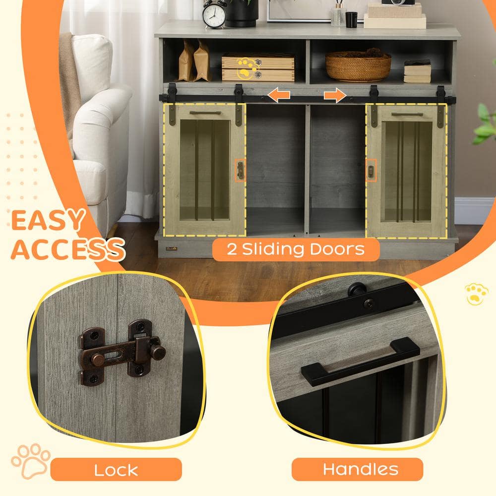 Large Gray Wooden Dog Crate Table with Sliding Doors