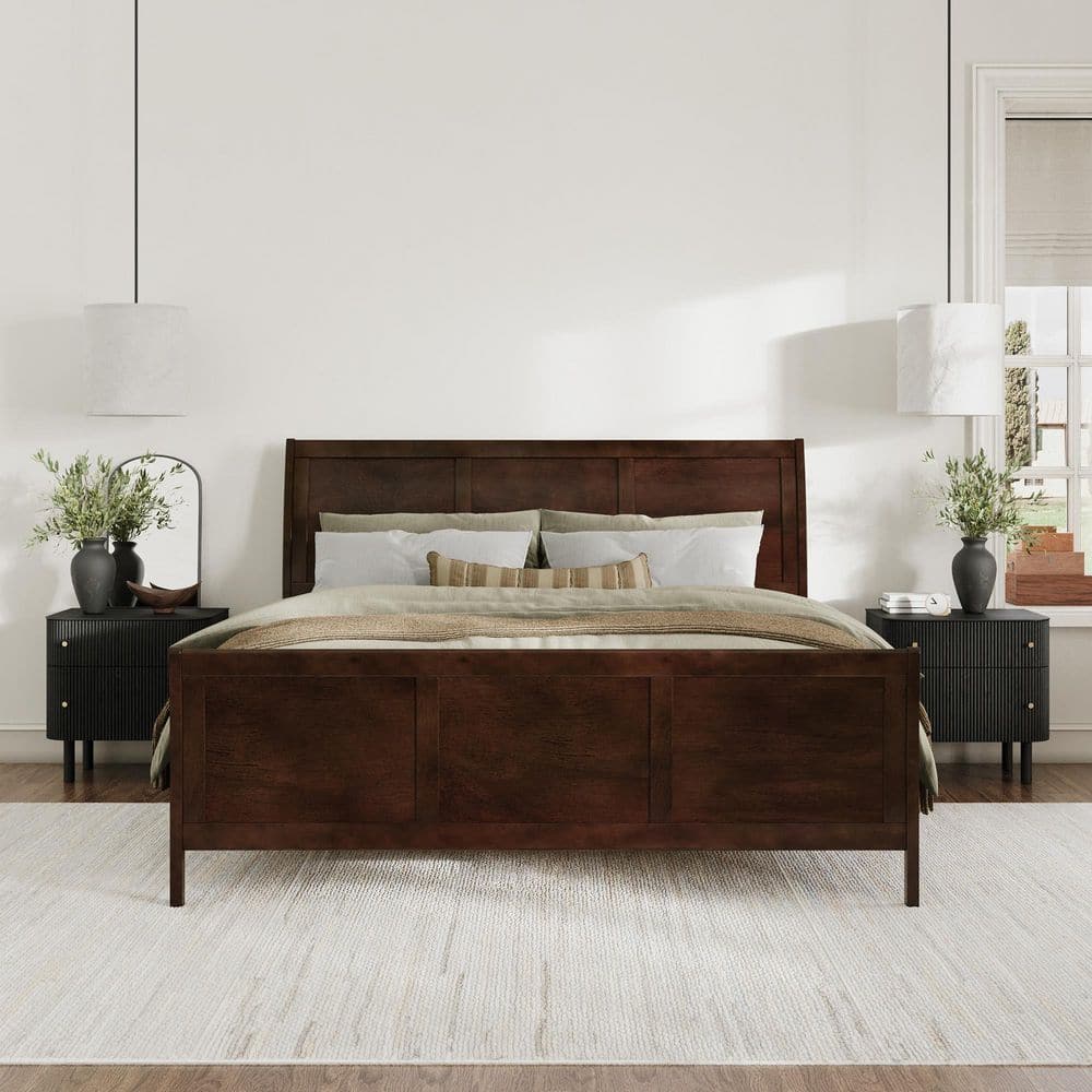 Valencia Walnut King Sleigh Platform Bed with Wood Headboard