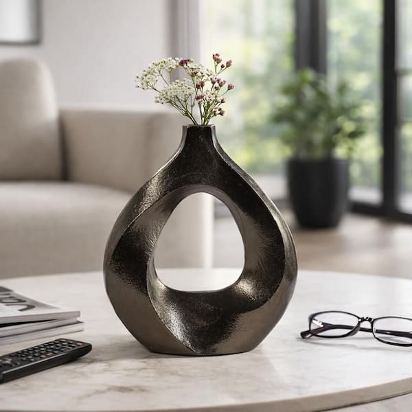 11 in. Bronze Metal Geometric Cut-Out Swirl Decorative Vase