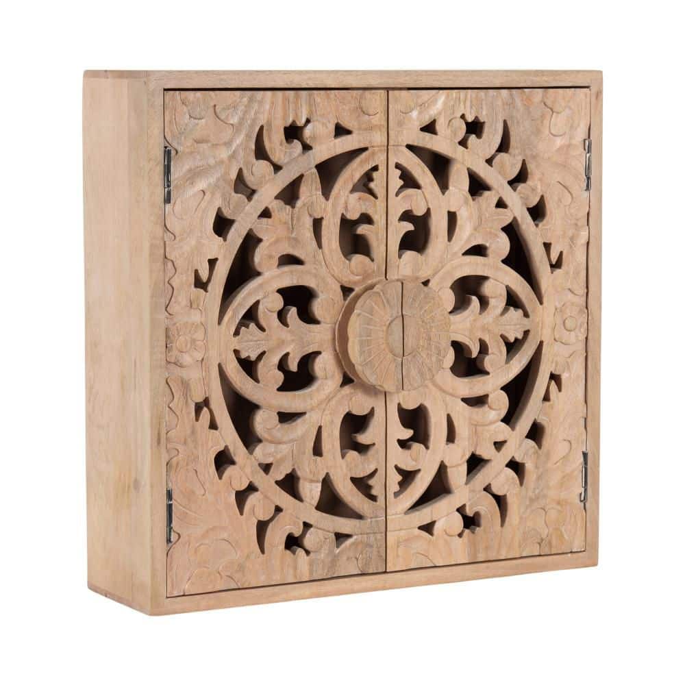 Saanvi Light Natural Mango Wood Carved Wall Cabinet, 20" x 6" x 20"