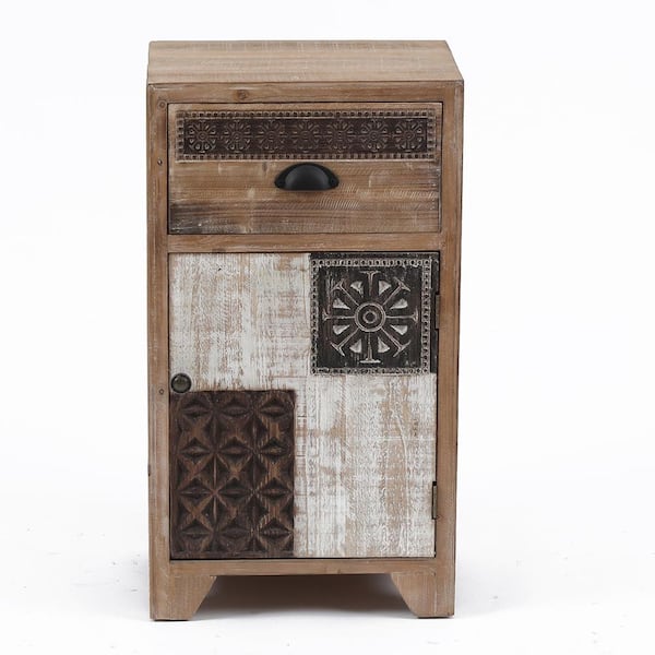 LuxenHome Farmhouse 15.7 in. Natural Wood Rectangular 1-Drawer Wood End Table with Storage