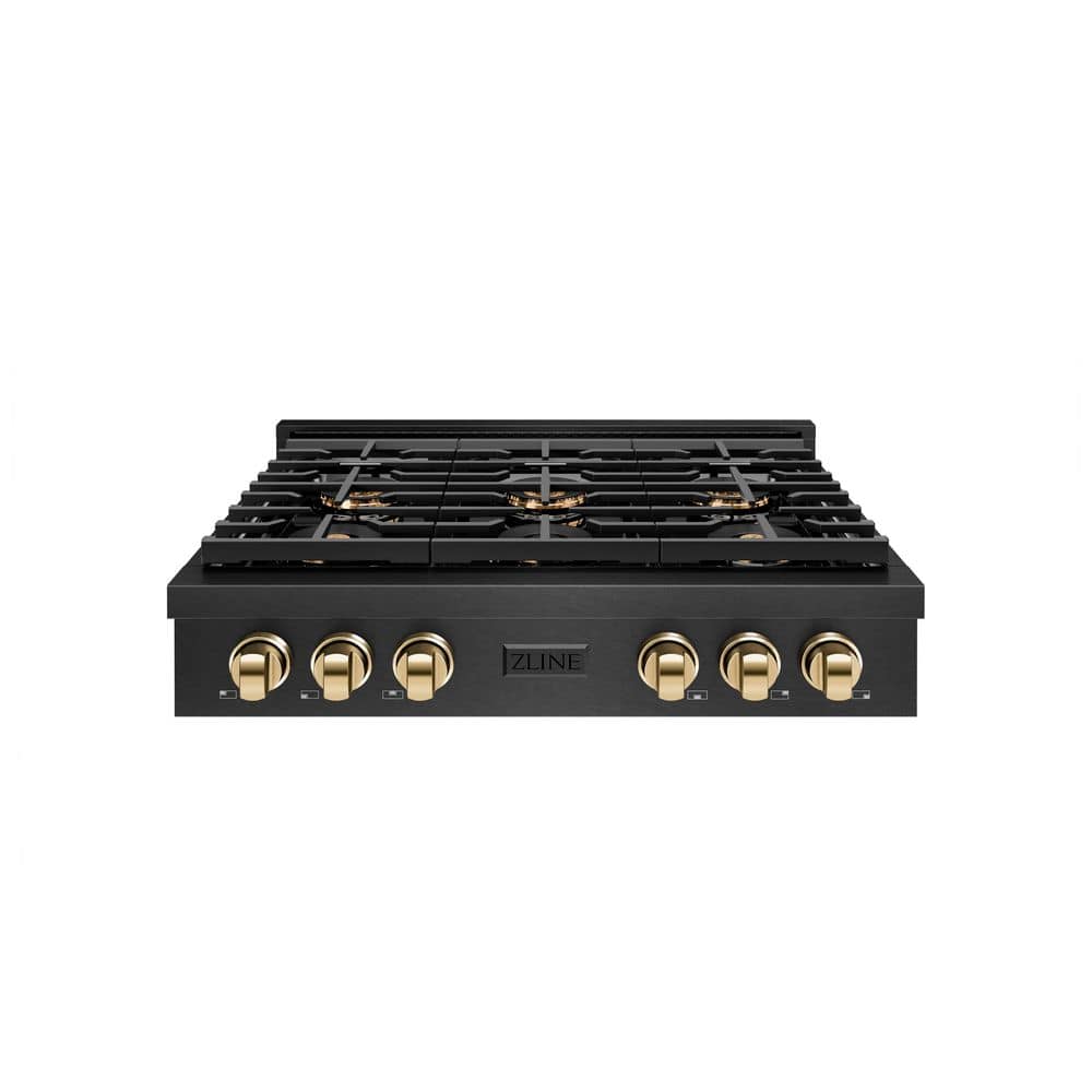 Autograph 36 in. Paramount Gas Rangetop with 6 Burner DuoProâ„¢ Cooktop in Black Satin and Polished Gold Accents
