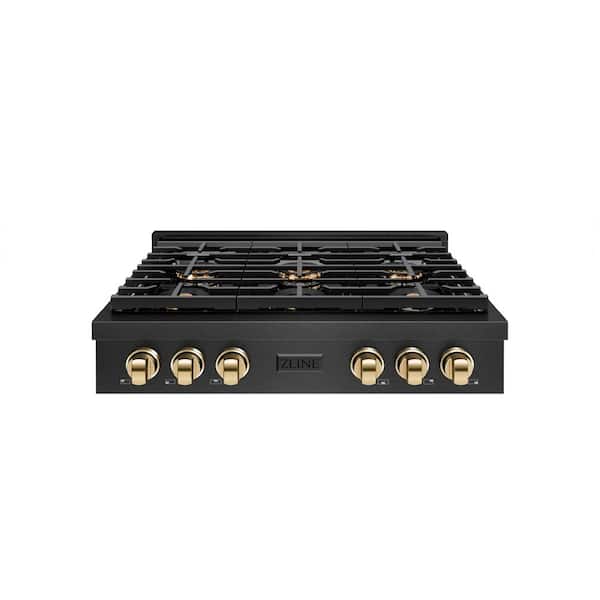 Autograph 36 in. Paramount Gas Rangetop with 6 Burner DuoPro™ Cooktop in Black Satin and Polished Gold Accents