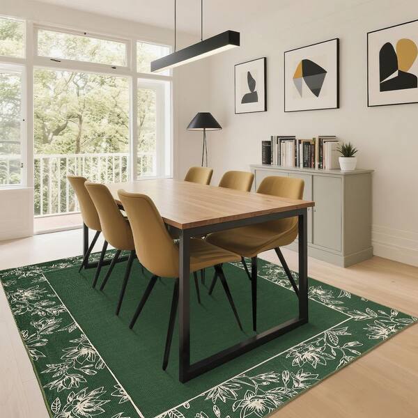 Dark Green 9 ft. x 12 ft. Modern Bordered Print Rug Non-Slip Non