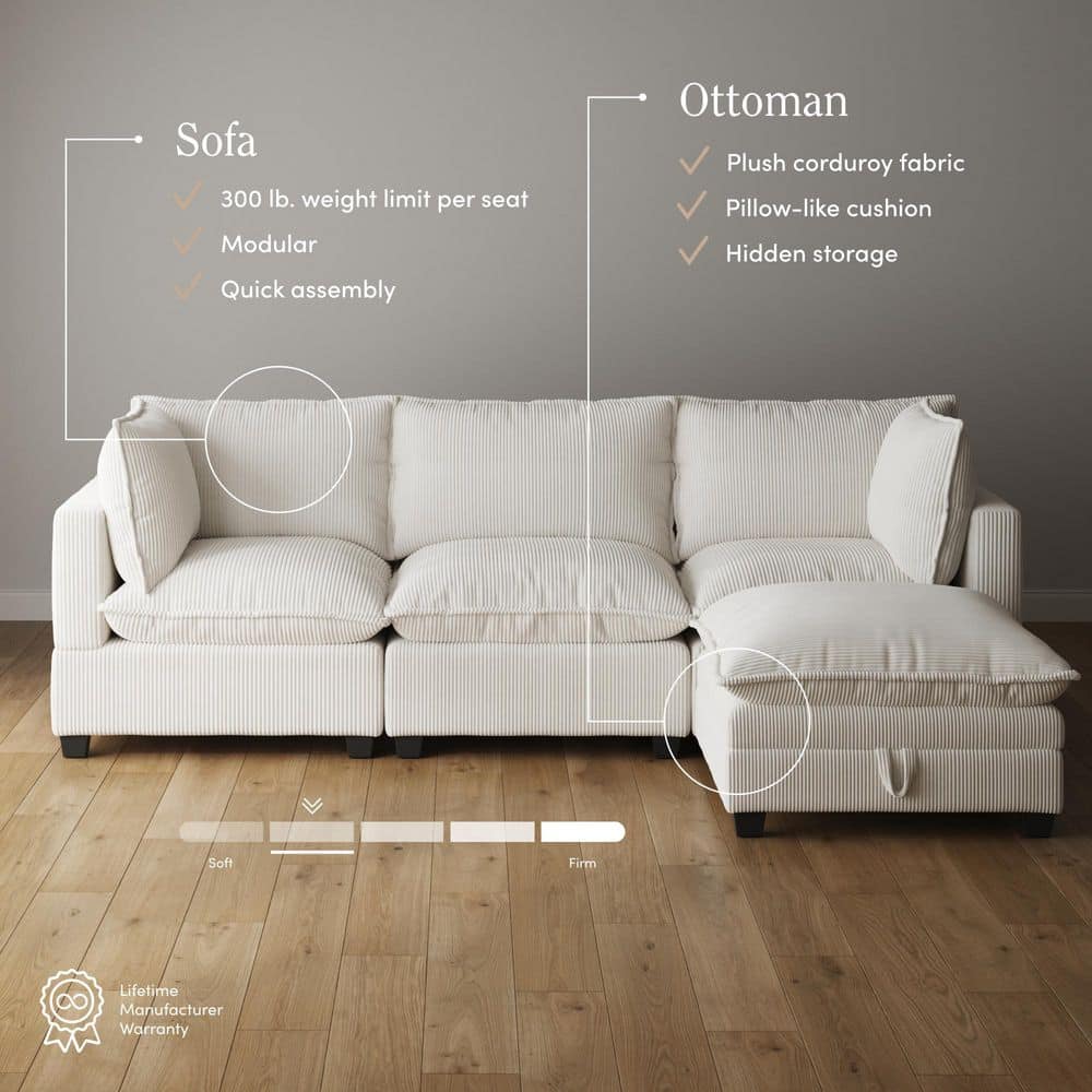 Pearl White Linen Upholstered 3-Seater Sofa with Ottoman