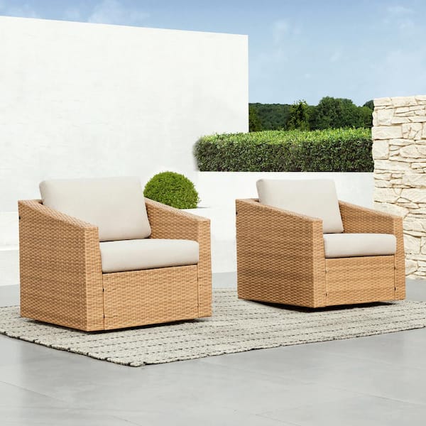 Cyril Brown Fabric 360-Degree Swivel Wicker Arm Chair with Beige Cushion Accent Chair for Outdoor and Indoor (Set of 2)