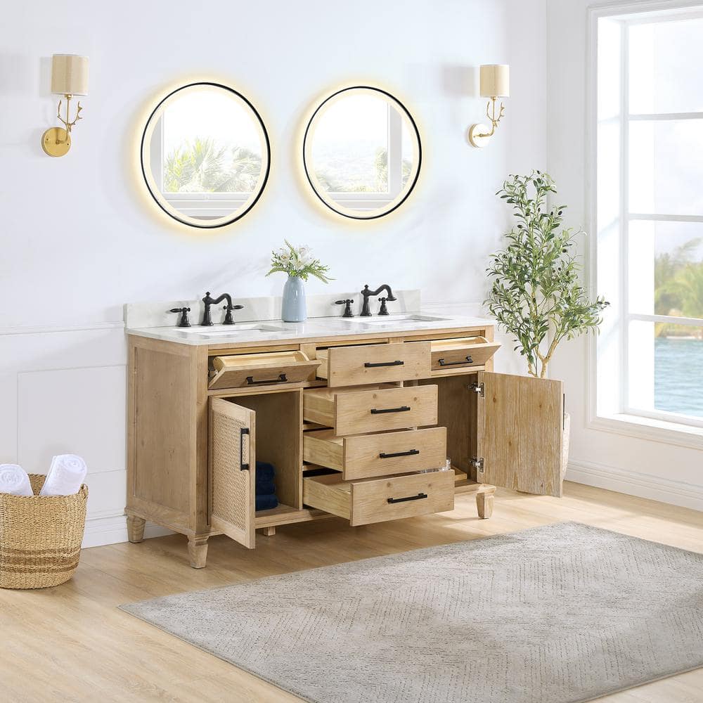 Solana 60" Weathered Fir Double Sink Vanity with White Quartz Top and Mirrors