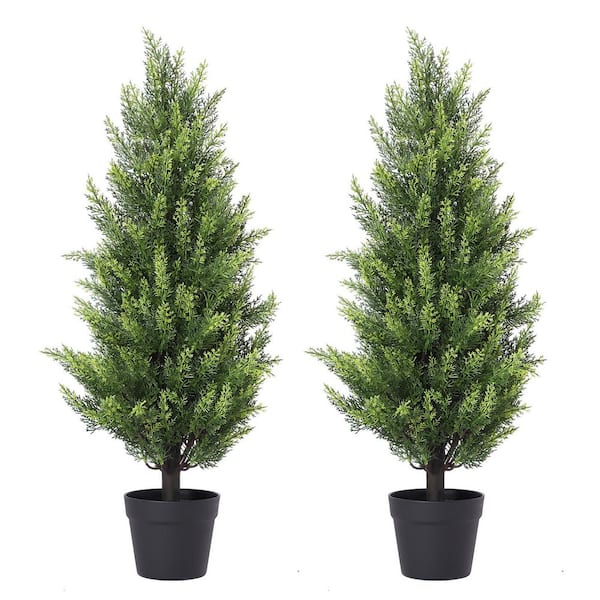 2-Piece Cedar Tree Artificial 3 ft. Potted Topiary Trees Artificial Outdoor Realistic Plants UV Resistant