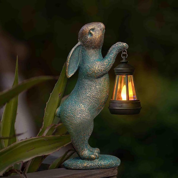 FAWEY TRED INC 11.4 in. Solar Powered Resin Rabbit Statue with