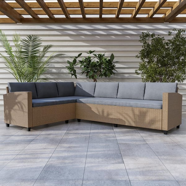 MUSE & LOUNGE Dasan Natural Wicker Outdoor L-Shaped Sectional with Gray Cushions