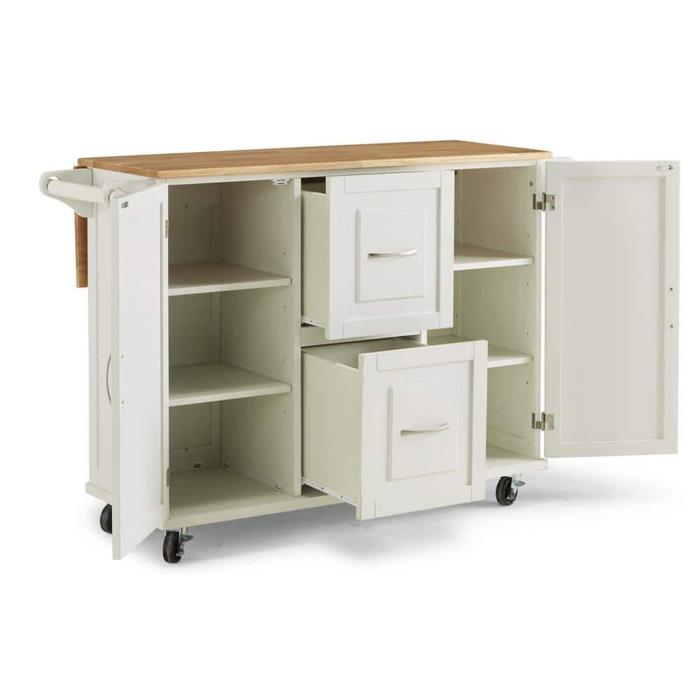 White Wood Drop Leaf Kitchen Cart with Storage and Spice Rack
