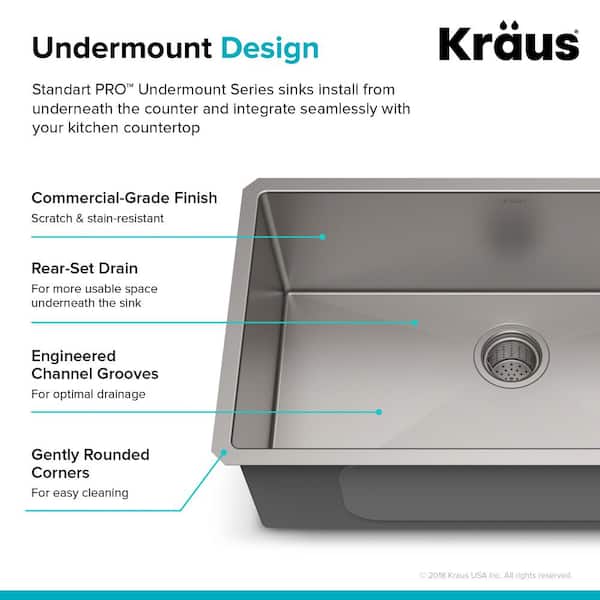 Kraus Standart PRO 32 inch Undermount 16 Gauge Stainless Steel Single Bowl Kitchen Sink KHU100-32 for sale online 