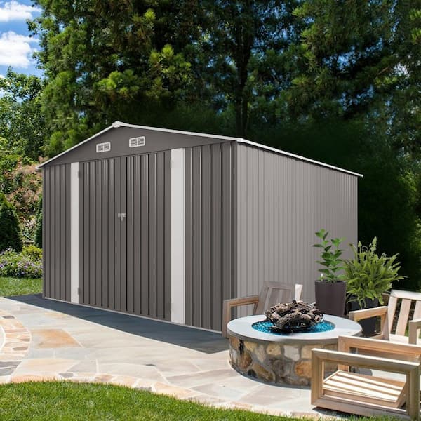 10 ft.W x 12 ft.D Outdoor Metal Storage Shed, Lockable Door Tool Shed with 2 Window for Patio/Lawns, Gray (110 sq. ft.)
