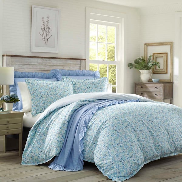 Laura Ashley Jaynie 3-Piece Blue Floral Cotton Full/Queen Duvet