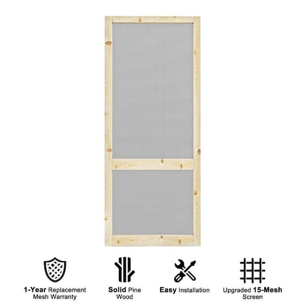 32 in. x 80 in. 2-Lite Single Universal Paneled Railing Style Unfinished Pine Wood and Gauze Mesh Hinged Screen Door