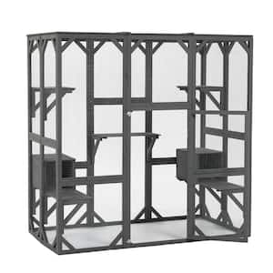 71 in. Gray Outdoor Large Cat House 5-Platform Kitten Cage Wooden Catio Cat Enclosure