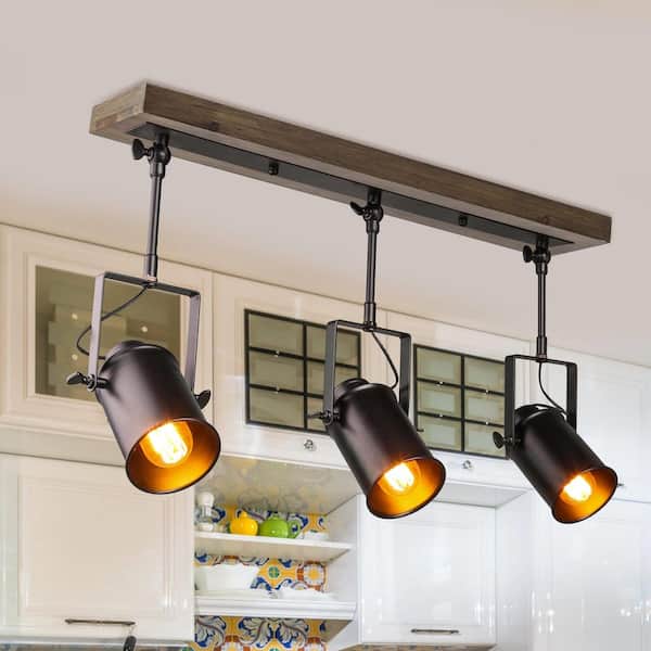 LNC 24.8 in. 3-Light Black Pine Wood Modern Farmhouse Semi-Flush Mount for Living Room Kitchen Island Linear Track Lighting