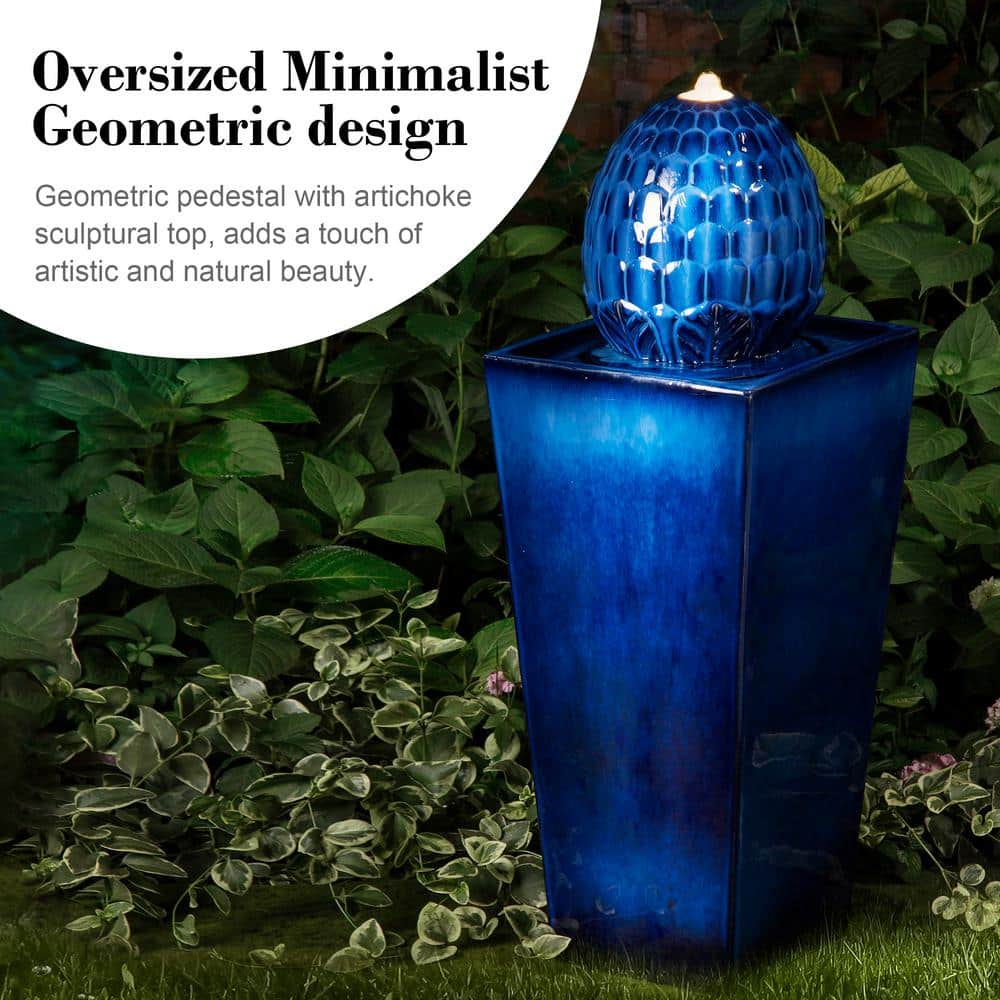 Tall Cobalt Blue Ceramic Artichoke Pedestal Fountain with LED Light