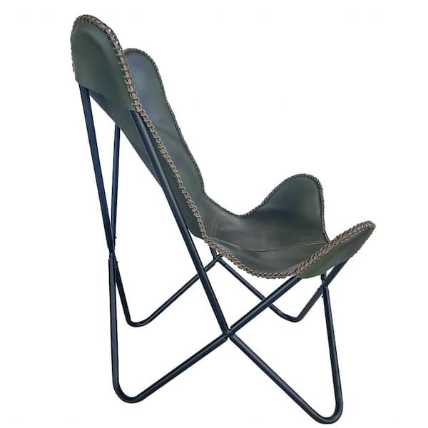 Forest Green Genuine Leather Butterfly Chair with Black Powder Coated Steel Frame