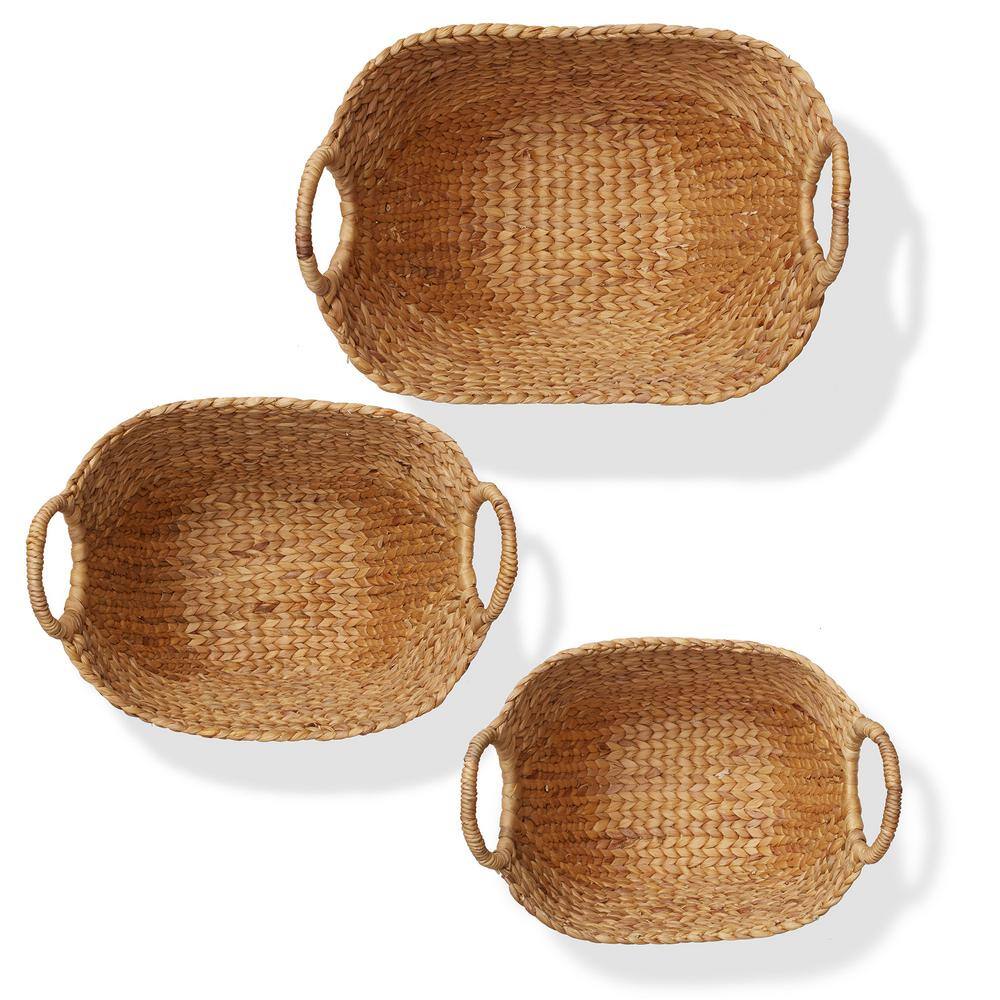 Natural Woven Water Hyacinth Oval Storage Baskets with Handles, Set of 3
