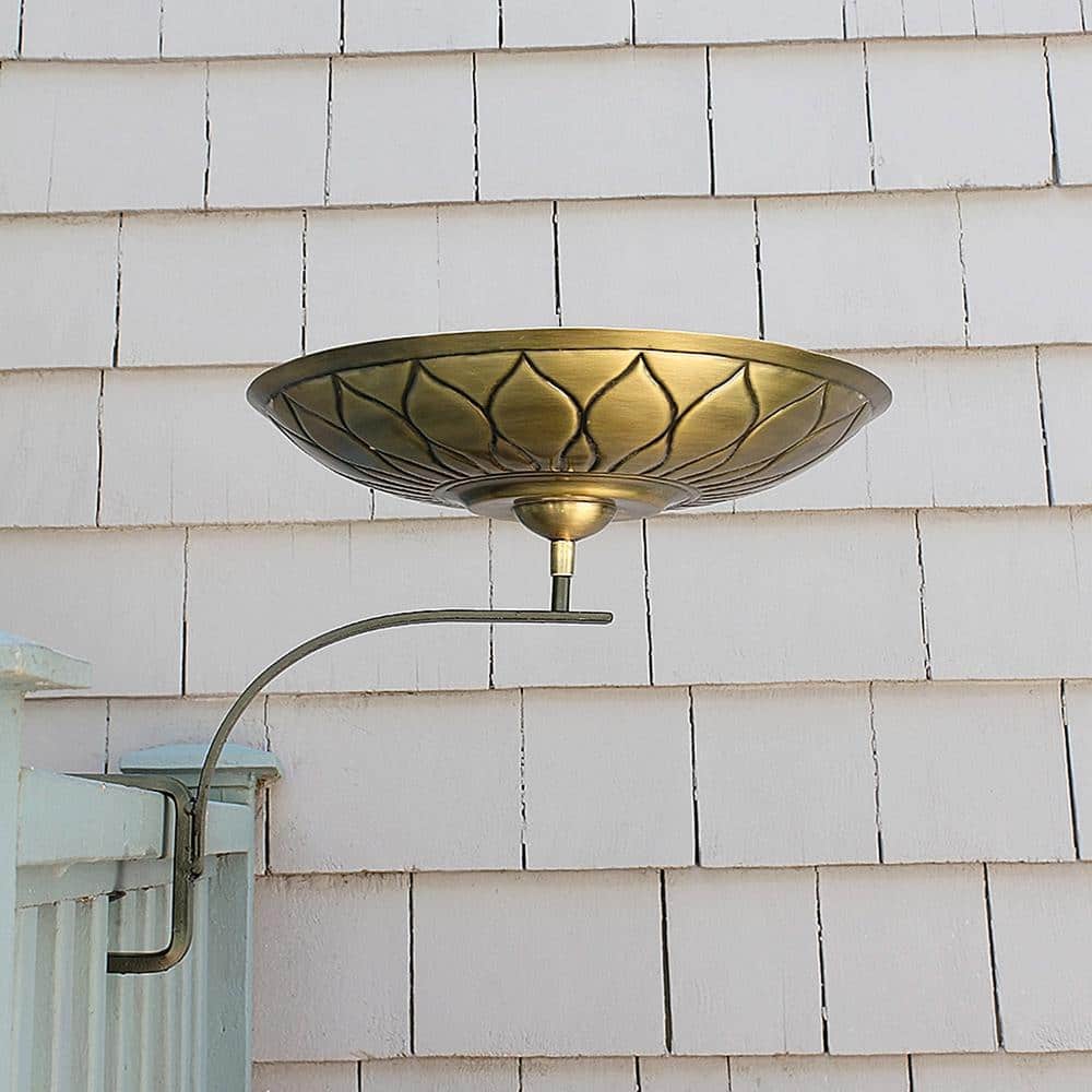 Antique Brass African Daisy Birdbath with Black Iron Rail Mount
