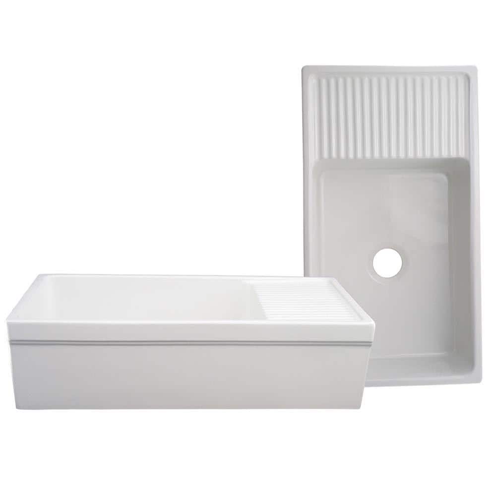 Have a question about Whitehaus Collection Quatro Alcove Reversible Series  Farmhaus Farmhouse Apron Front Fireclay 36 in. Single Bowl Kitchen Sink in  White? Pg The Home Depot