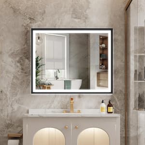 LUKY 40 in W x 32 in. H Rectangular Single Aluminum Framed Anti-Fog LED Light Wall Bathroom Vanity Mirror in Matte Black