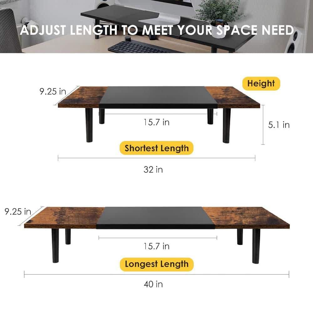 Dual Monitor Stand Riser Adjustable Length 32-40 Inch Desktop Organizer for Computer/Laptop/PC/Printer/TV Brown - Thumbnail 2