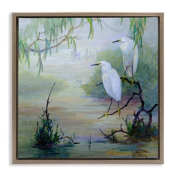 Stupell Industries Egrets & Marshland Edge by Floy Zittin Brown Floater Frame Animal Graphic Art Print 25 in. x 25 in.