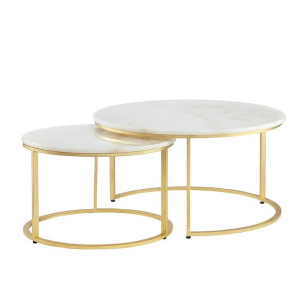 HomeRoots 31 in. White Round Marble Coffee Table with Storage