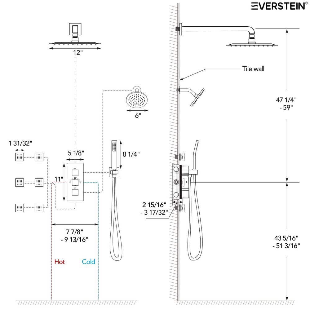 Gold Thermostatic 12" Triple Showerhead System with Handheld