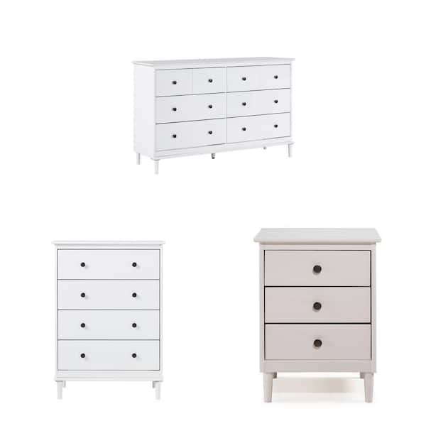 57 in. White 6-Drawer Solid Wood Dresser, 28 in. 4-Drawer Chest and 3-Drawer Nightstand Combo