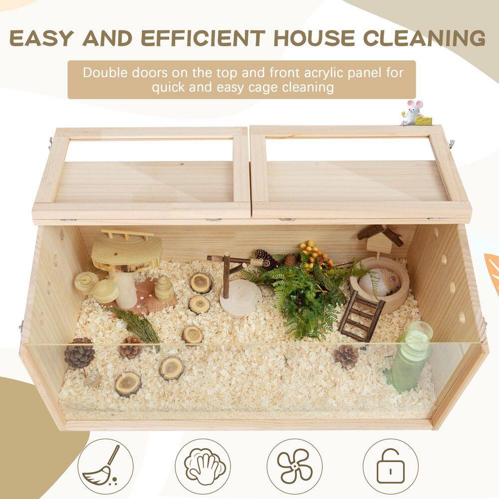 Natural Pinewood Hamster Cage with Acrylic Roof and Panels