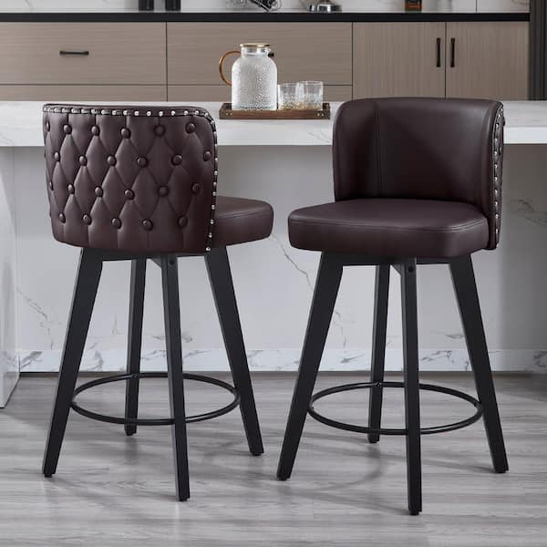 Hochwertiges 27.5 in. Brown Faux Leather Upholstered Wooden Counter Height Bar Stool Swivel Counter Stool (Set of 2)