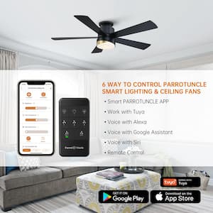 52 in. Indoor Integrated LED CCT Matte Black Flush Mount Smart Ceiling Fan with Remote, Works with Alexa & Google Home